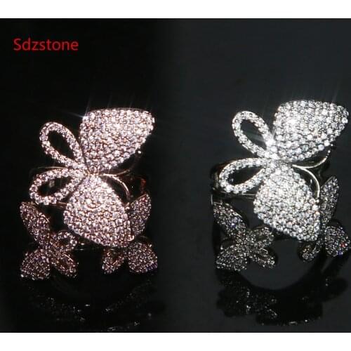 2020New Design Fashion Jewelry High Quality Paved Pink Zircon Butterfly Ring Luxury Shiny Cocktail Party Ring For Women