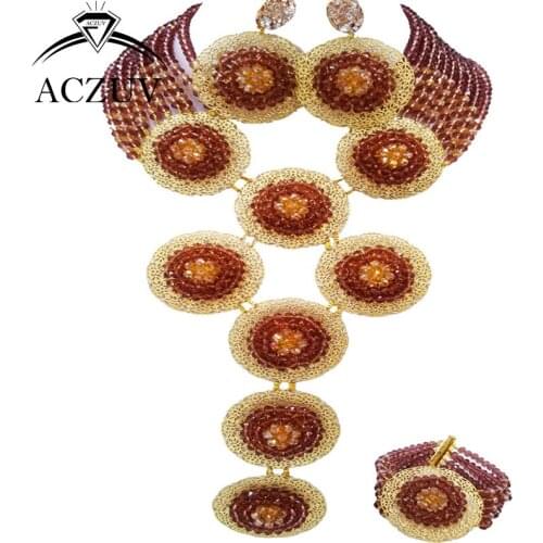 ACZUV Brand Dark Purple and Gold AB African Wedding Jewelry Set for Women Nigerian Beads Necklace and Earrings Bracelet A10R011