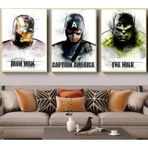 Watercolor Marvel Comics Avengers Superhero Hulk Iron Man Black and White Posters Canvas Painting Living Room Bedroom Decor Art
