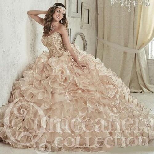 2020 Luxurious Champagne Embroidery Crystals Ball Gown Quinceanera Dresses Floor-Length Vestidos De 15 Anos Sweet 16 Dresses