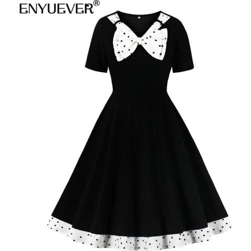 Enyuever Black Polka Dot Women Casual Dress Short Sleeve Bowknot Patchwork Robe Pin Up Swing Flare Vintage Dress Retro Jurken