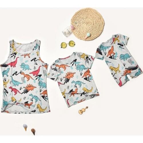 Funny Dinosaur Printing Father Son Look Family Matching Clothes Summer Daddy Dad Vest Tshirt Kids T-Shirt Baby Romper Bodysuit