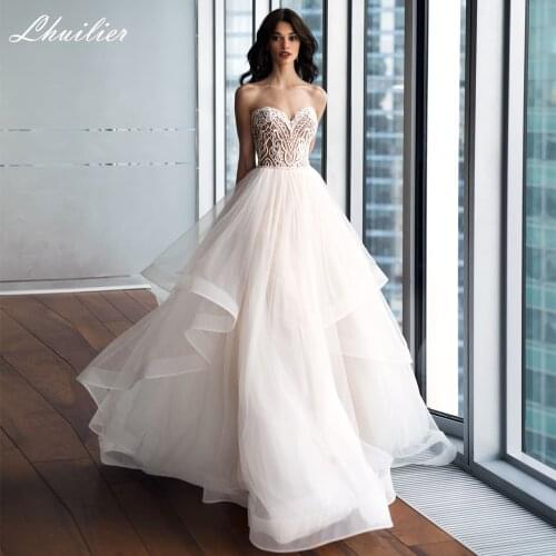 Lhuilier Elegant A Line Strapless Tulle Wedding Dresses 2021 Floor Length Sleeveless Lace Top Beaded Bridal Gowns