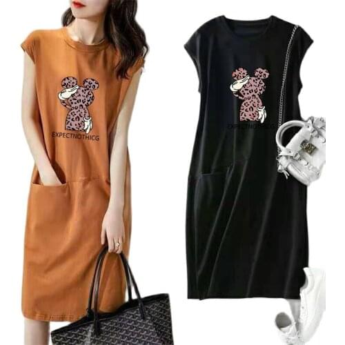 Leopard Mickey Mouse Elegant Summer Women Dresses Summer 2021 Sleeveless Fashion T Shirt Dresses Ladies Streetwear Sundress