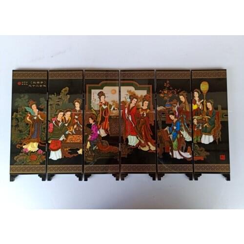 China Collect Exquisite Lacquer PaIntIng 12 Beauties Small Folding Screens Handicraft Home Decoration