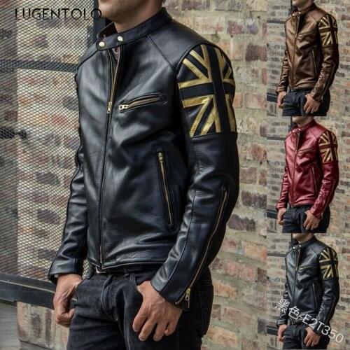 Men PU Faux Leather Stand Collar Jacket Large Size Fashion Zipper Pocket Mens Casual Street Autumn Trend Coats Luegntolo