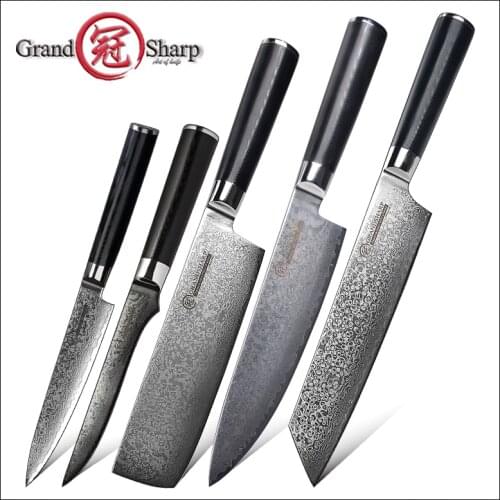 Grandsharp Kitchen Knife Sets vg10 Japanese Damascus Steel Chef Nakiri Utility Boning Knives Chefs Cooking Tool with G10 Handle