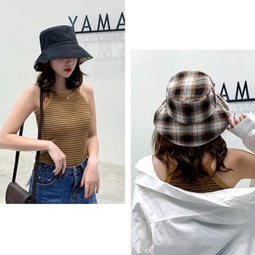 Women Outdoor Travel Hat Sun Cap Hats Korean Version Cotton Double Sided Plaid Bucket Hat Fisherman Hat