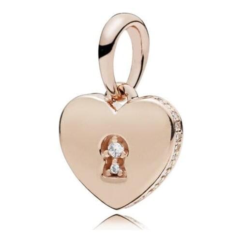 Genuine 925 Sterling Silver Charm Rose Gold Love Heart Shimmering Keyhole Beads Fit Pan Bracelet & Necklace Diy Jewelry