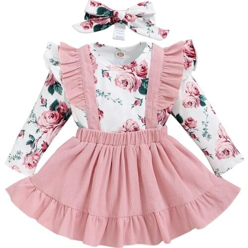 Girls Casual Three-piece Clothes Set Long Sleeve Romper Suspender Skirt and Headdress