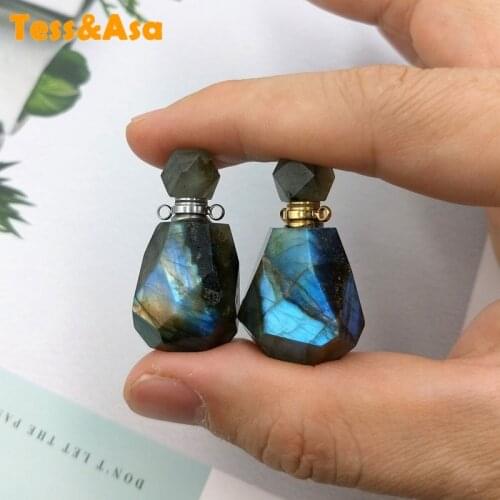 Natural labradorite perfume bottle Gems essential oils diffuser shiny stone vial freeform Faceted charm for sweater necklace