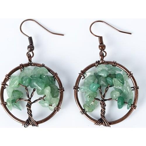 Vintage Copper Natural Chip Stone Bead Reiki 7 Chakra Healing Dangle Earrings for Women Girl Round Tree of Life Ear Drop Jewelry