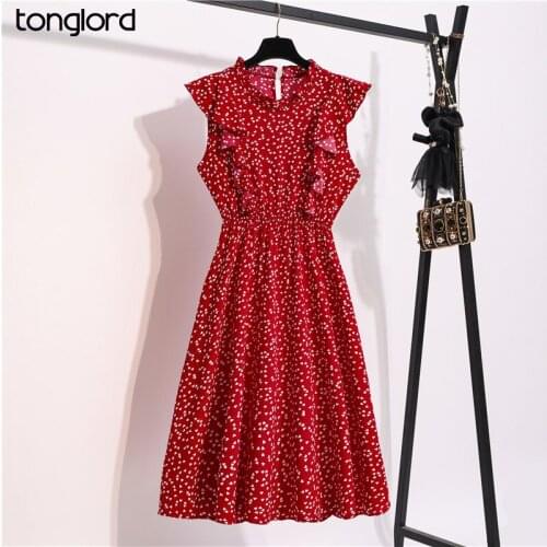 XIBUSANA Summer Red Polka Dot Chiffon Skirt European and American Loose Fashion Wild Slim Slim Sleeveless Cover Belly Long Dress
