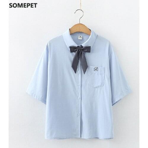 Japanese Clothes Womens Top and Blouses Chiffon Shirt With Bow Short Sleeve Shirts 2021 New Summer Casual Elegant Chemise Femme