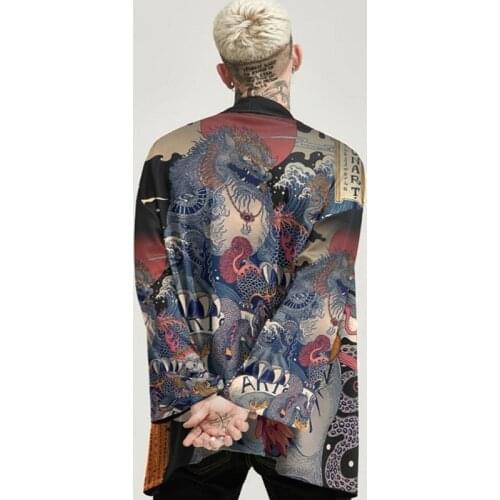 Japanese Kimono Cardigan Men Asian Streetwear Samurai Costume Shirt Ukiyoe Print Kimonos Asian Clothes Haori MenS Yukata ZZ436
