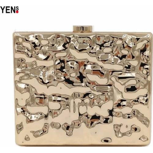 Yens Women Fashion Metal Messenger Bag Elegant Gold Evening Bag Dress Prom Party Clutch Box Hard Flap Mini Handbag Casual Wallet