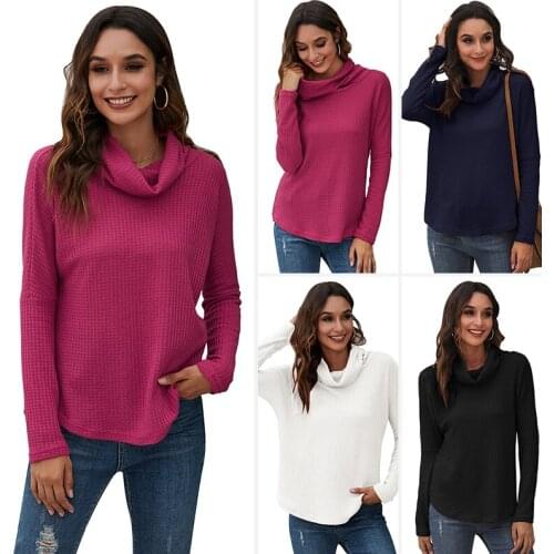 Women Casual Loose Long Sleeve High Heaps Collar Shirt Knitted Solid Ladies Pullover Tops