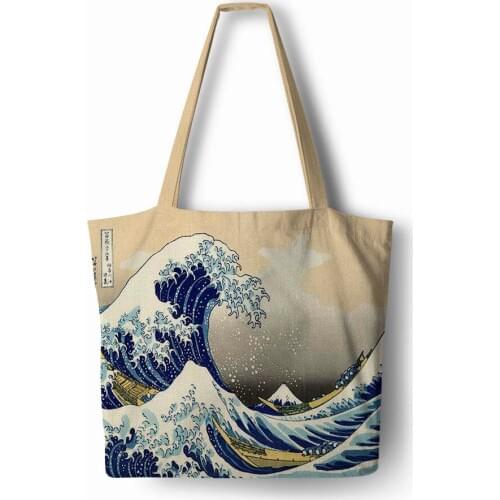 Japanese style Ocean waves printing Handbag Linen polyester women shopping Tote Home Storage with Casual Traveling Beach Bag