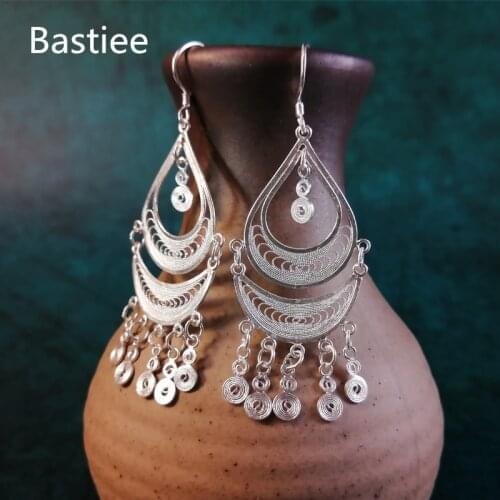 Bastiee Bohemian Tassel Earrings For Women Jewelry 999 Sterling Silver Earring Gypsy Drop Dangle Hmong Handmade Hanging Jewerly