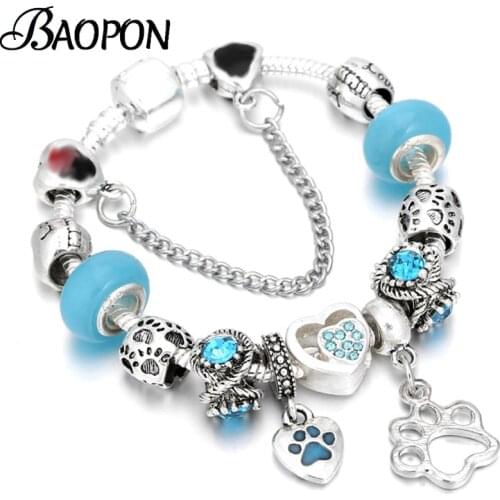 BAOPON Silver Color Dog Paw Pendant Charm Bracelets & Bangles For Women Fit Crystal Brand Bracelets New Year Jewelry Pulseras