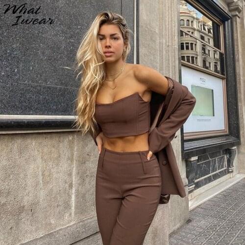 Whatiwear Elegant Women Y2K Two Piece Set Strapless Tube Top+High-Waist Straight-Leg Pants Solid Brown Casual Streetwear Outfits