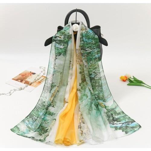 2021 Autumn Silk Scarf Women Fashion Landscape Printed Colorful Foulard Shawls Out Door Sun Protective Ladys Dress Neck Wraps
