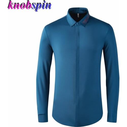 Brand Mens Long Sleeve Shirt Solid color Silky Nylon Chemise homme Beading Collar Business Male Dress Shirts men Plus size