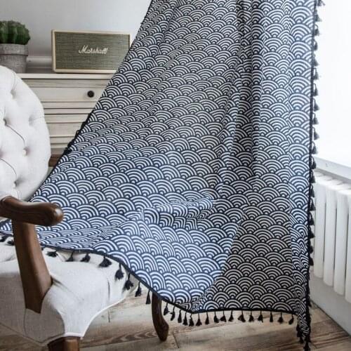 Finished curtain, navy and wind printed fringed Japanese window, kitchen curtain, cotton linen semi shading bay window