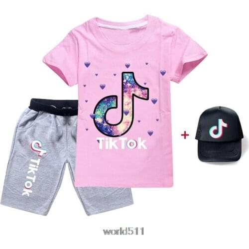 Tik Tok Boys Clothes Summer Letter Print Sets Kids T-Shirt+Shorts+Hat 3pcs/Set Casual Children Sport Suits Girls Clothing Sets