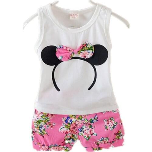 Summer Baby Girls Clothes Sets Cartoon Mickey Flower Kids Clothes Tops Vest + Shorts 2 PCS Suits Princess Tracksuit Outfits 0-4T