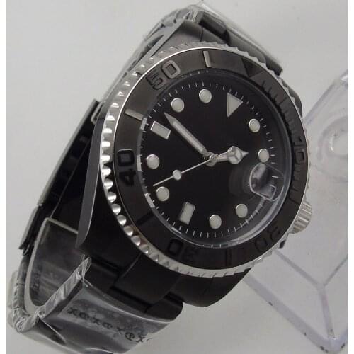 40MM Black Sterile Dial Sapphire Glass PVD Coated Black NH35A Ceramic Bezel Date Glass Case Back Automatic Mens Wristwatch