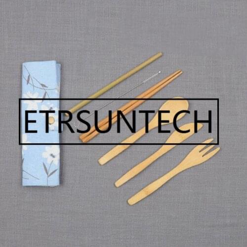 100sets Japanese Portable Cutlery Set Bamboo Straw Brush Tableware Set With Cloth Bag Outdoor Travel Dinnerware