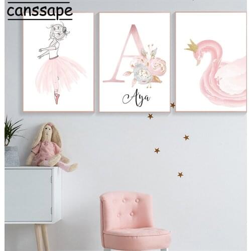 Nursery Wall Art Canvas Posters Custom Name Poster Swan Rabbit Painting Ballet Girl Print Flower Quotes Pictures Kids Room Decor