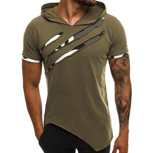 Men New fashion and comfortable Short Sleeve Ripped Irregular Hem Slim Blouse T-shirt Fitness Hoodie футболка