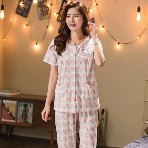 New O-Neck Cardigan Pyjamas Female Pure Cotton Summer Short Sleeve Long Pants Pajama Set Big Size M-3XL Sleepwear Leisure Suits