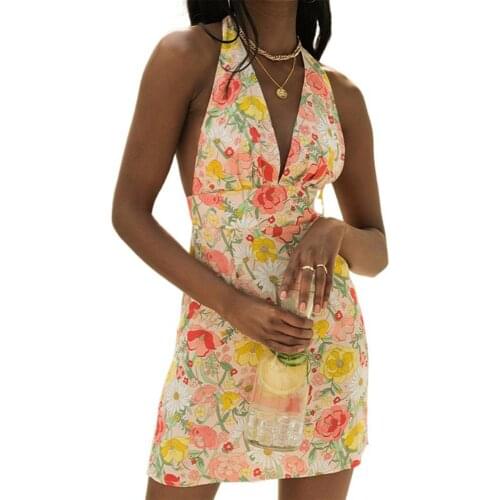 Bodycon Dress Halter Frenulum V-Neck A-line Skirt High Waist Floral Dress Summer Dresses For Women 2021