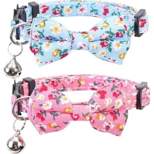 Bowtie Cat Collar with Bell Floral Patterns Flower Adjustable Safety Breakaway Kitten Collars for Kitty Cats Pets