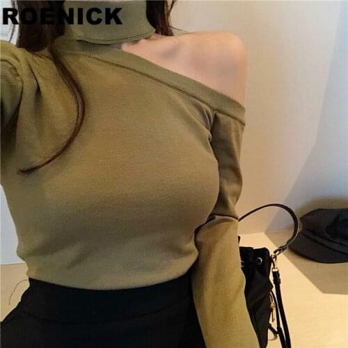 ROENICK Sweaters Pullovers Women Knitting Solid Turtleneck Off Shoulder Sweater Womens Pullover Slim Tops Trendy All-match
