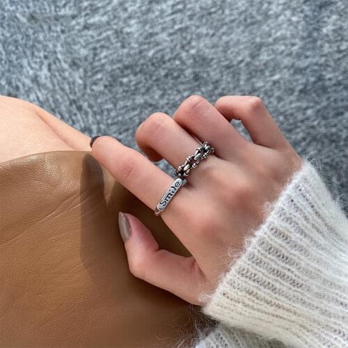 925 Sterling Silver Smiling Face Rings for Women Men Tank Chain Thai Silver Adjustable Rings Jewelry