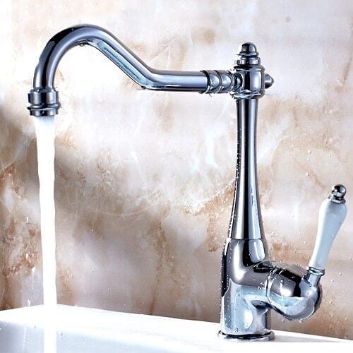 Modern Curve Spout Chrome Bathroom Sink Faucet with White Handle Vessel Sink Faucet Deck Mounted 1174C