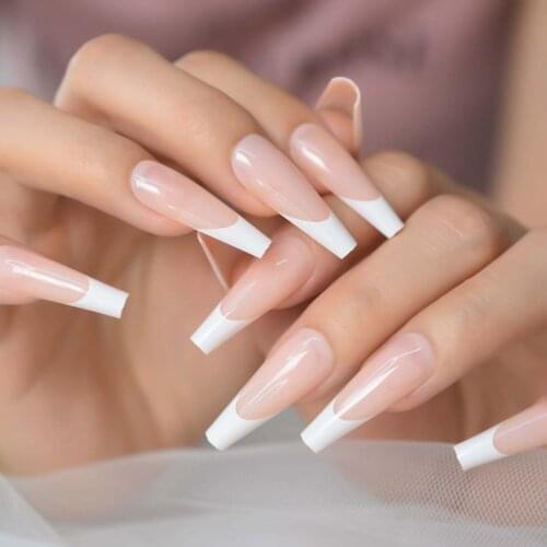 Extra Long Pink Nude White French Ballerina Coffin False Nail Natural Press on Ballet Fake Nail Reusable Wear Tip for Women Girl