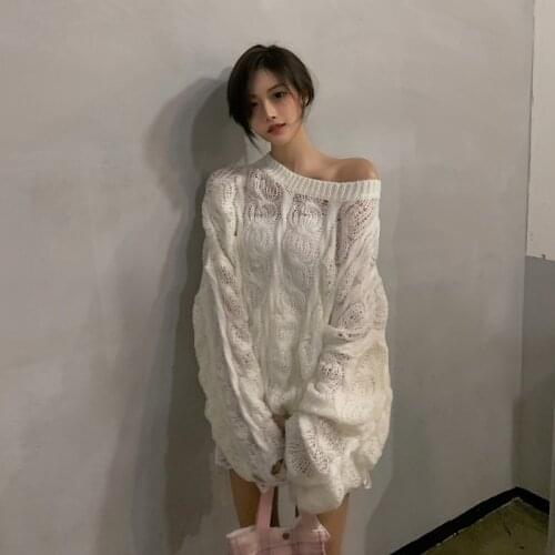 White Pink Solid Sexy Knit Sweater Women Hollow Destroyed Hole Oversize Top Pullover Long Sleeve High Street Fall Loose Sweater