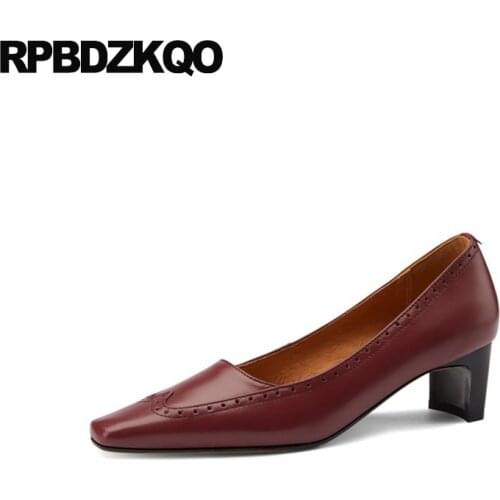 Brand Chunky Vintage Red Pumps Medium Heels High Quality Formal Genuine Leather Luxury Women Shoes Brogue Square Toe Size 33
