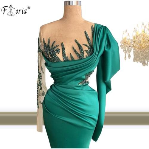 Emerald Green Mermaid Arabic Evening Dress Ruffles Satin Beaded Long Prom Dresses Formal Celebrity Party Gowns Soiree Robe