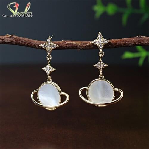 Space Moon Stars Dangle Earrings for Women Charm Fashion Jewelry Acessories Pendant Wholesale Zircon Shell S925 Pin High Quality