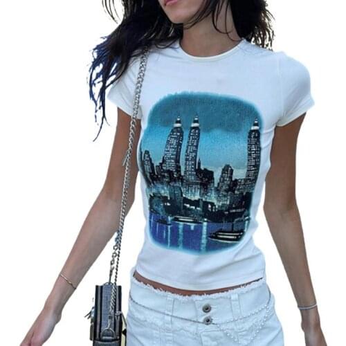 Women’s Summer Casual Short Sleeve T-shirt Fashion City Scenery Printing Pullover Tops