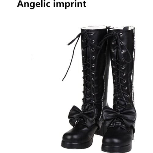 Angelic imprint mori girl Women boots lady lolita high thick heels warm Boots woman princess dress pumps shoes big bowtie 33-47
