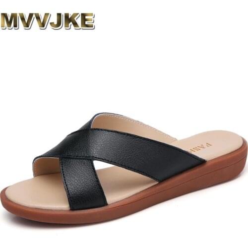 MVVJKE Sandals woman genuine cow leather flat shoes women Slip-on summer woman slides leisure beach flip flops Zapatillas