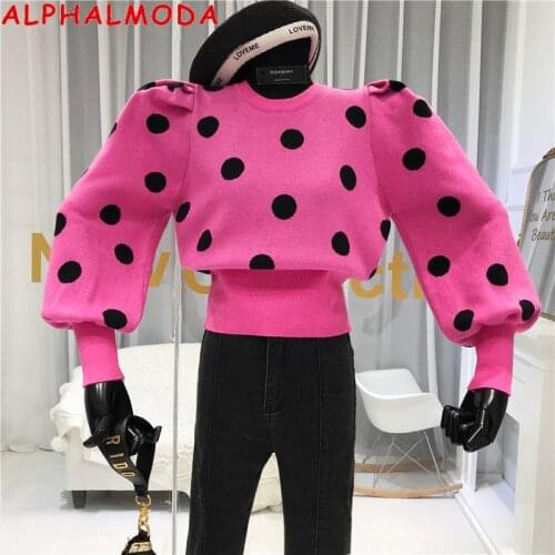 ALPHALMODA 2019 Winter New Design Round Neck Polka Dot Sweater Dress Sweet Bubble Sleeve Pullovers Female Fashion Jumper