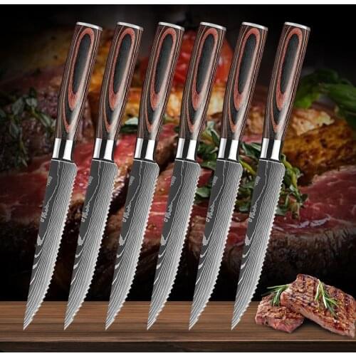 6 Piece Stainless Steel Serrated Steak Knife Sharp Blade Damascus Pattern Stainless Steel Serrated Knife Steak Knife